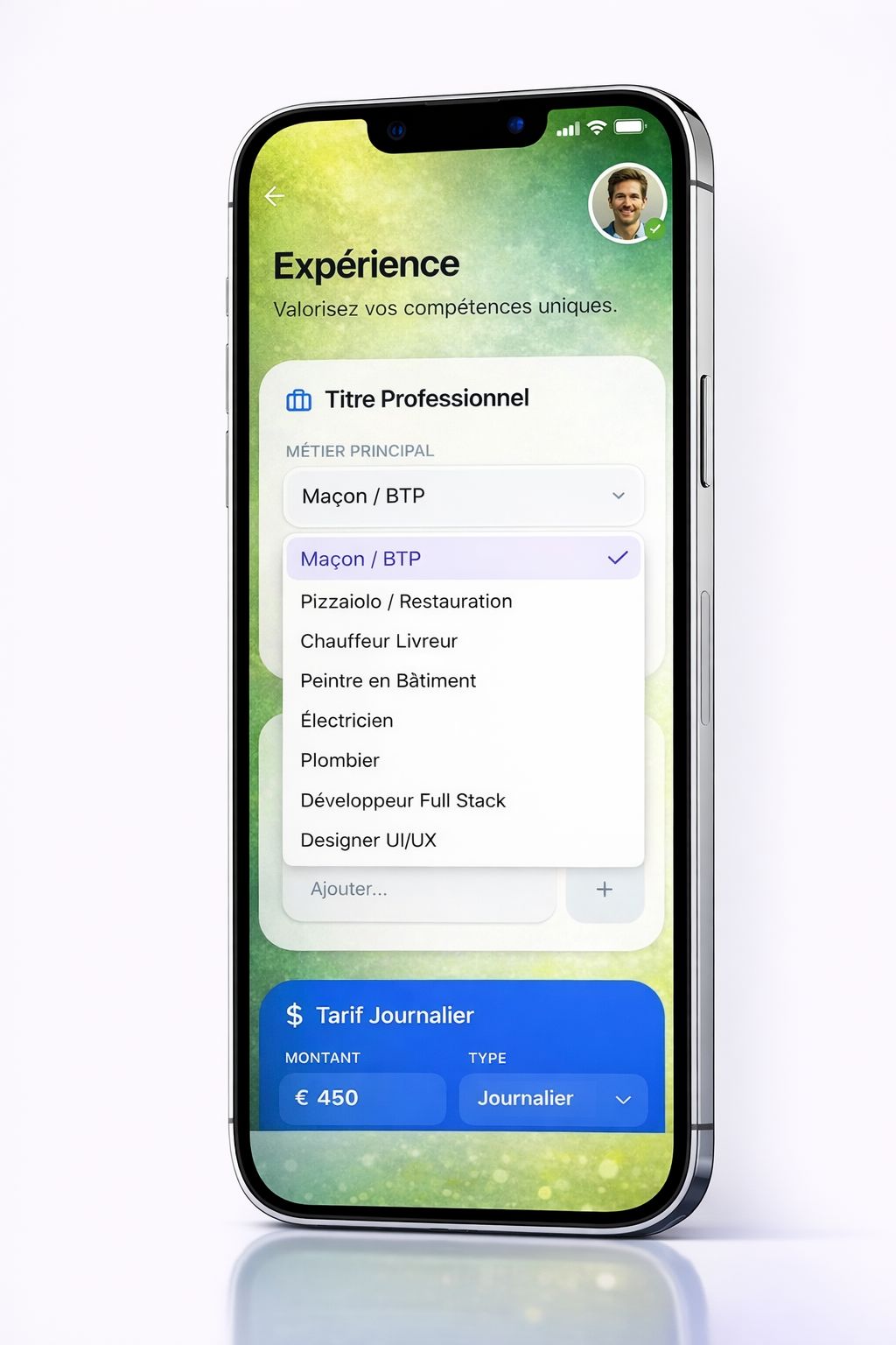 Écran sélection métier